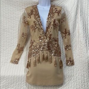 NASTY GAL Formal dress Sheer Tassles V Neck Gold